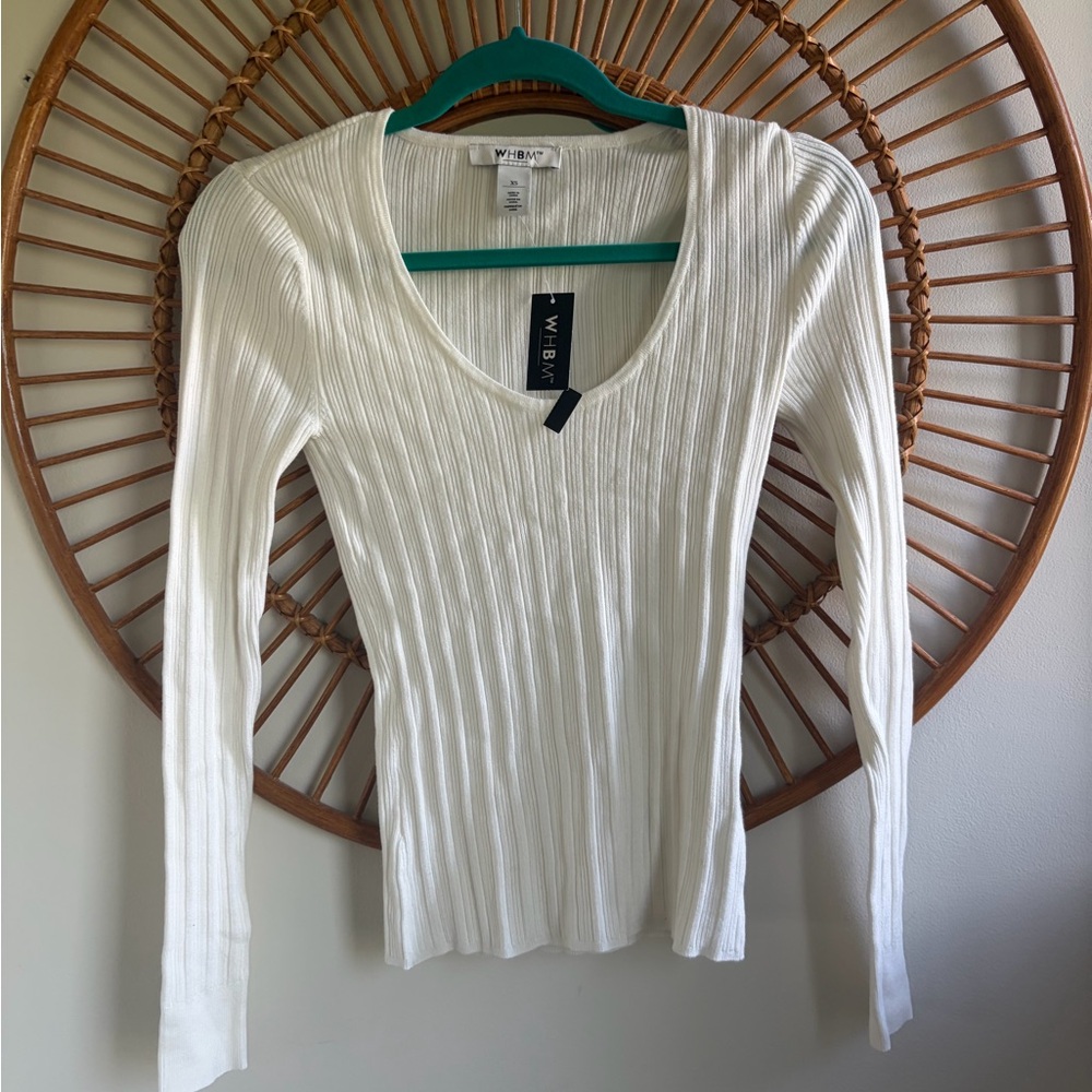 White House Black Market Cream Ribbed Long Sleeve Scoop Neck Top